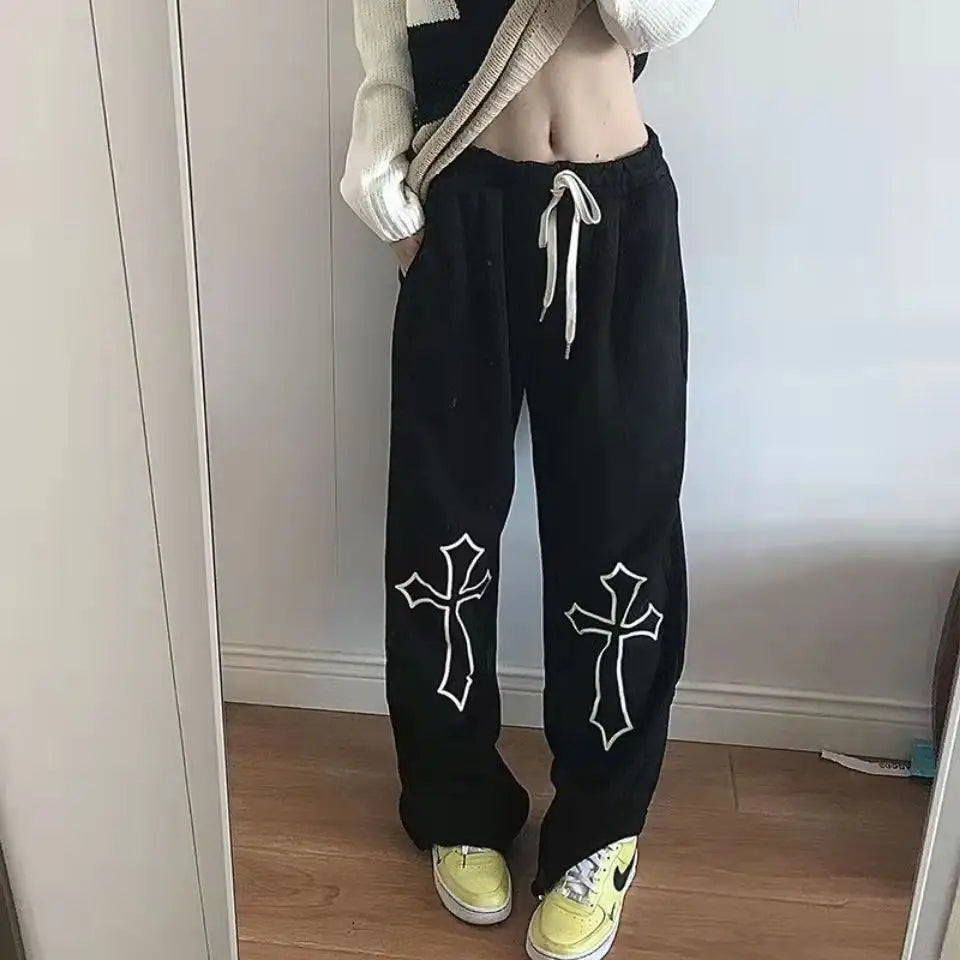 Y2k pants with cross prints for streetwear