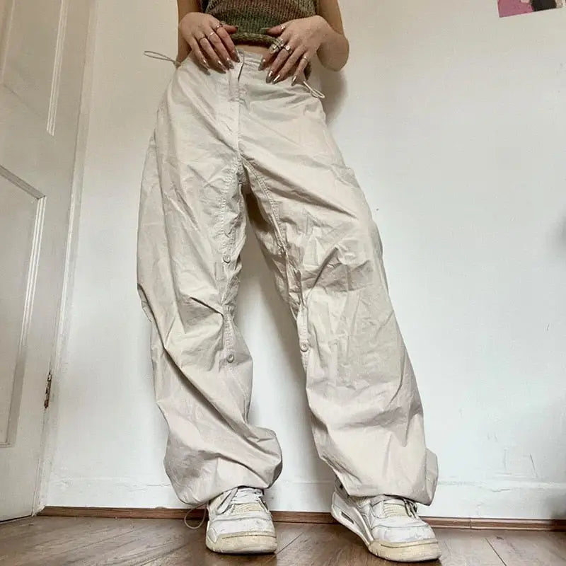 Comfortable and stylish beige y2k parachute pants - s