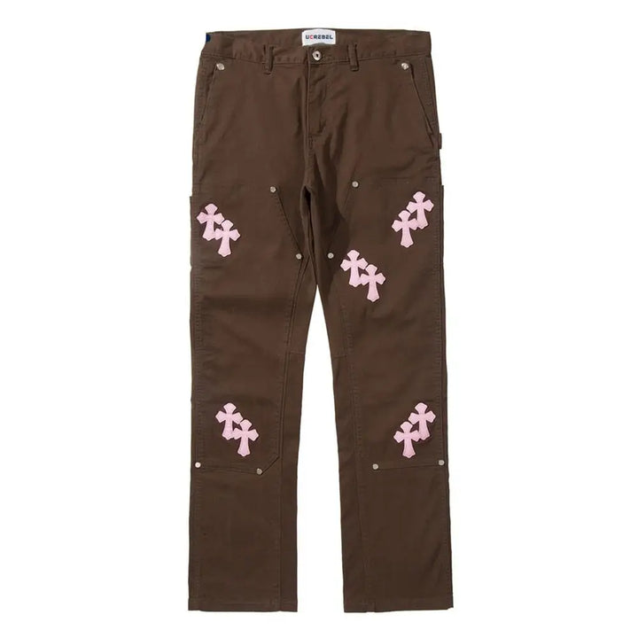 Y2k pants with embroidered crosses for a unique style