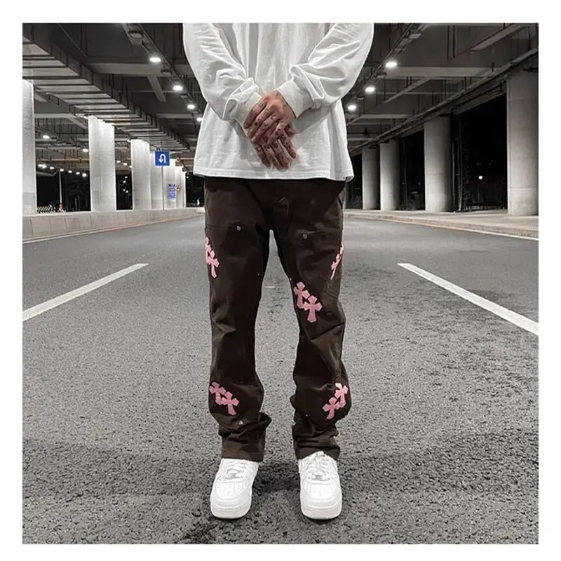 Y2k pants with embroidered crosses for a unique style