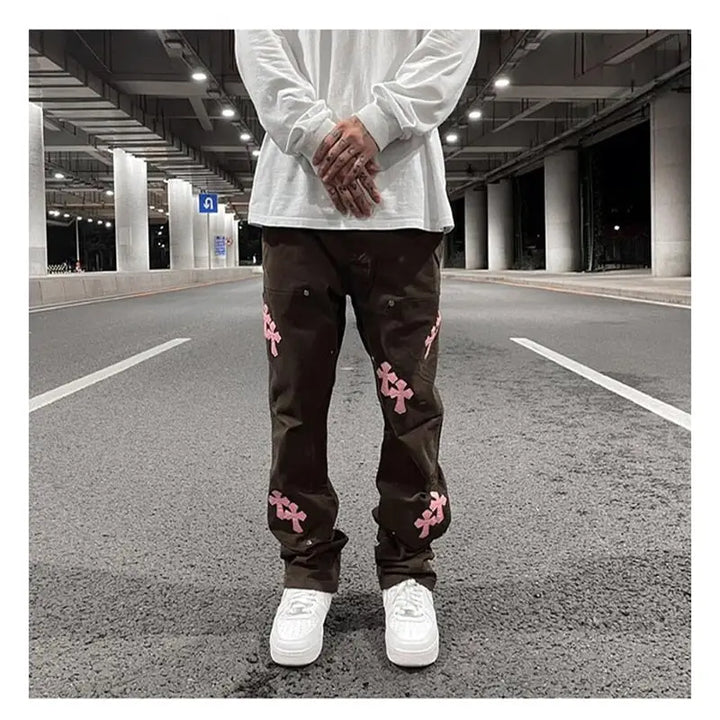 Y2k pants with embroidered crosses for a unique style