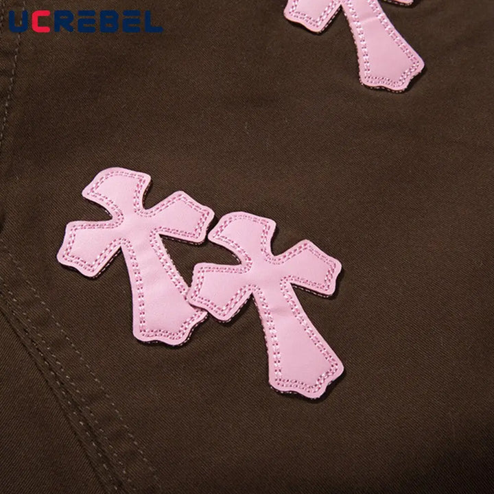 Y2k pants with embroidered crosses for a unique style