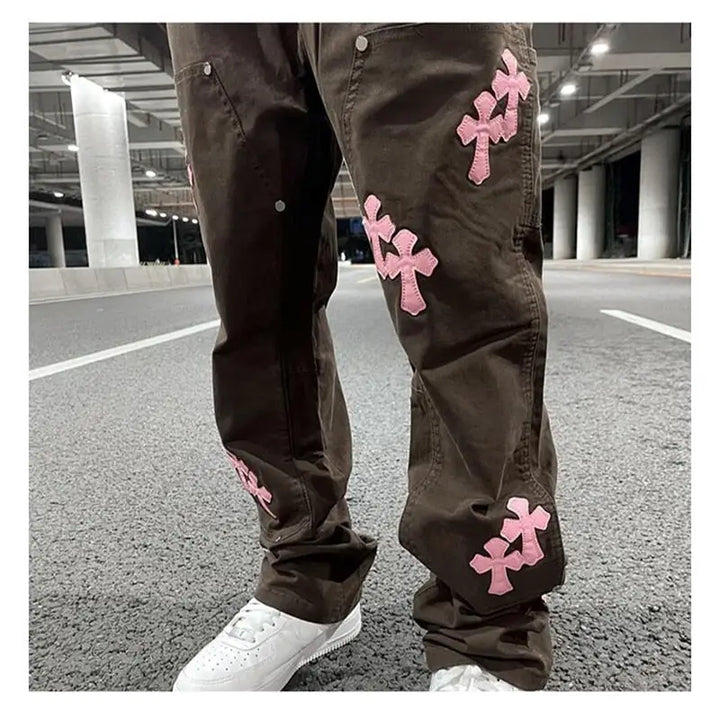 Y2k pants with embroidered crosses for a unique style