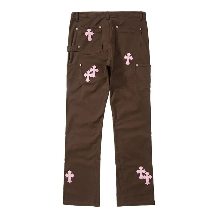Y2k pants with embroidered crosses for a unique style