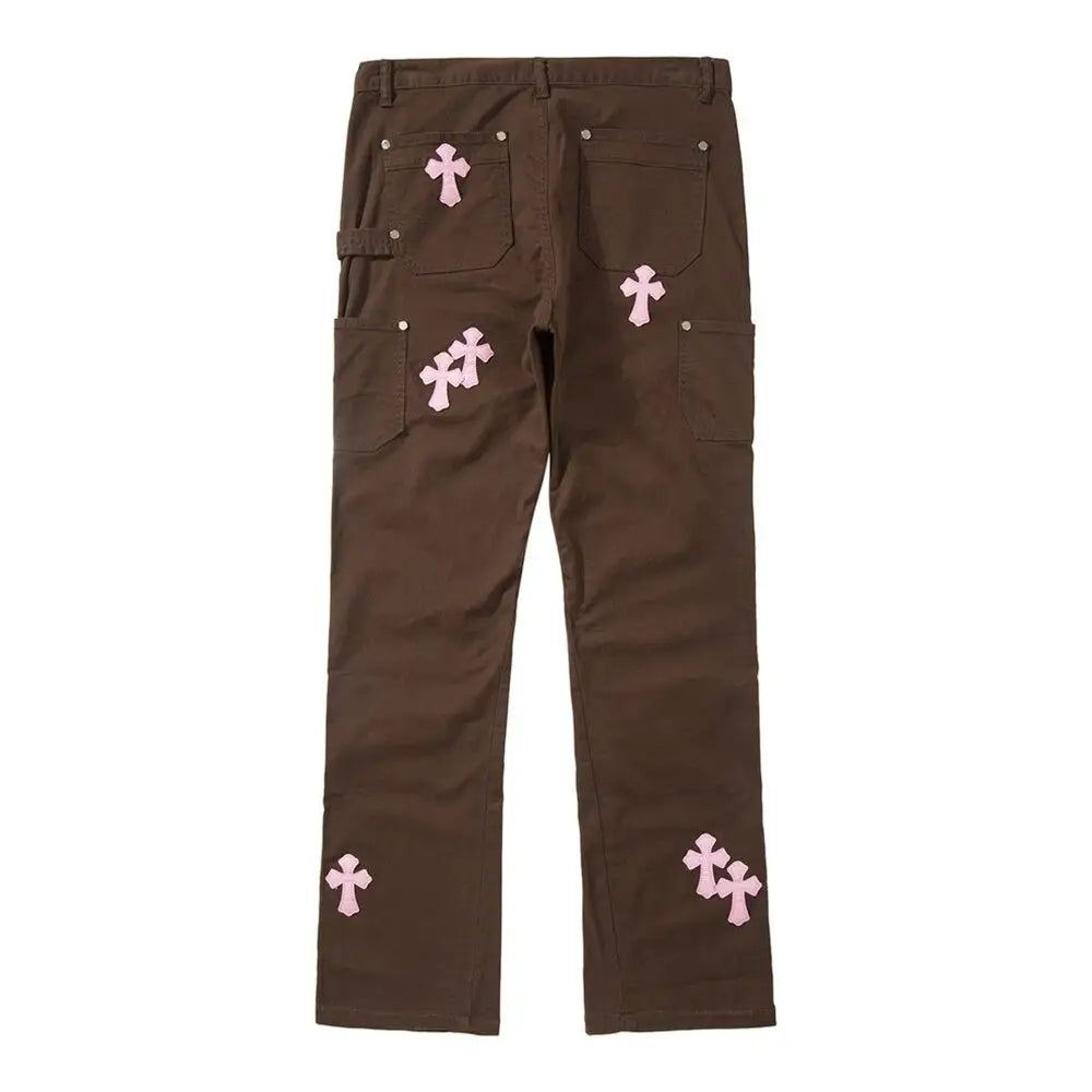 Y2k pants with embroidered crosses for a unique style