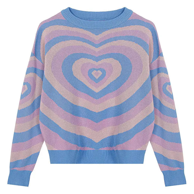 Pastel heart sweater with groovy purple pattern