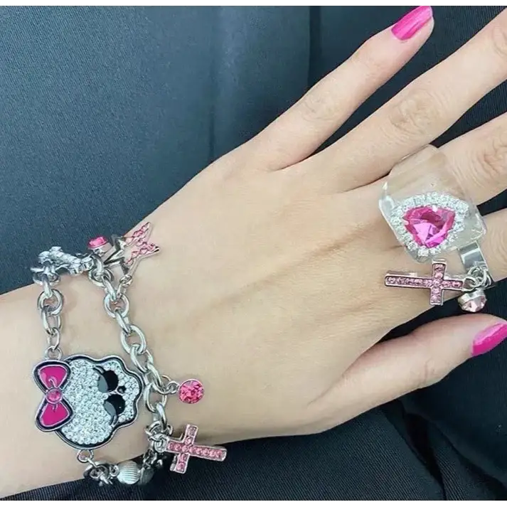 Cute pink y2k bracelet with skeleton in zinc alloy design - 1 - necklace