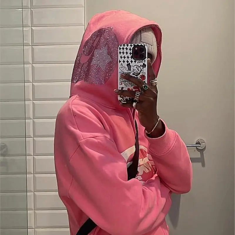 Y2k pink hoodie with zipper and rhinestones