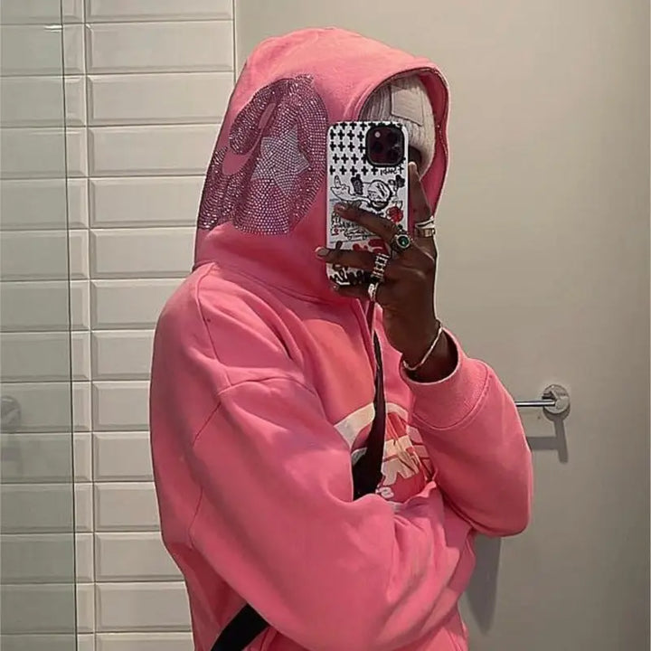 Y2k pink hoodie with zipper and rhinestones