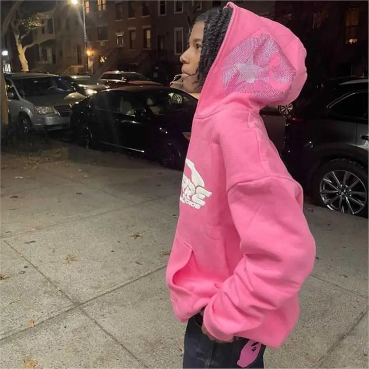 Y2k pink hoodie with zipper and rhinestones