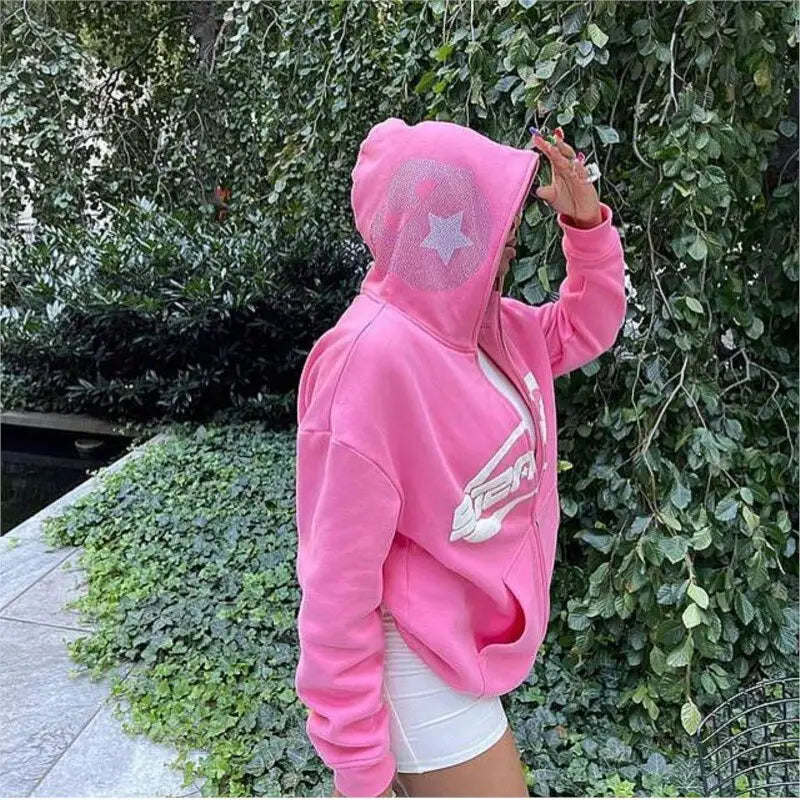 Y2k pink hoodie with zipper and rhinestones