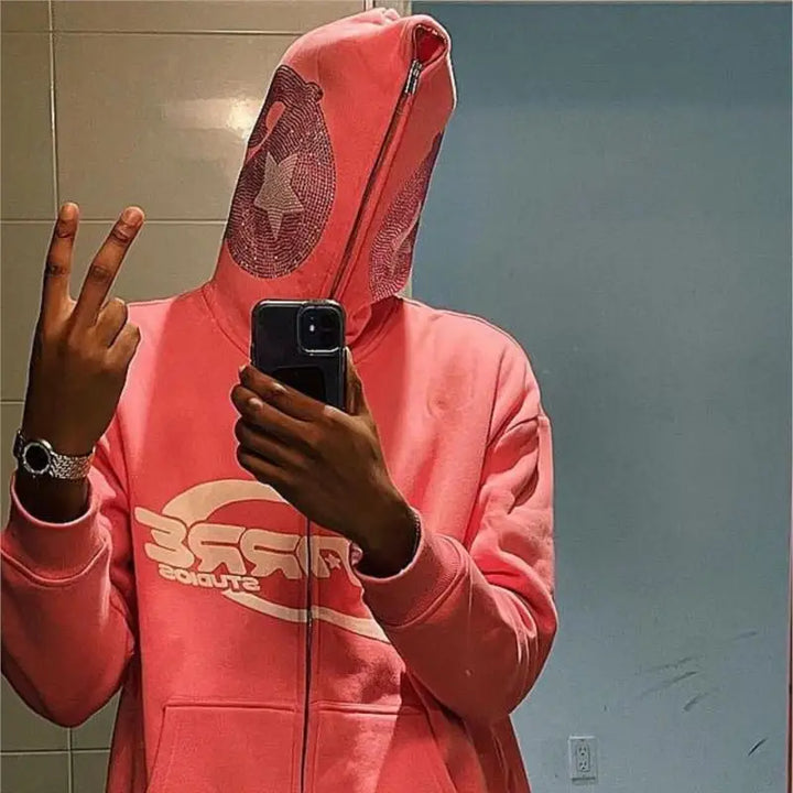 Y2k pink hoodie with zipper and rhinestones