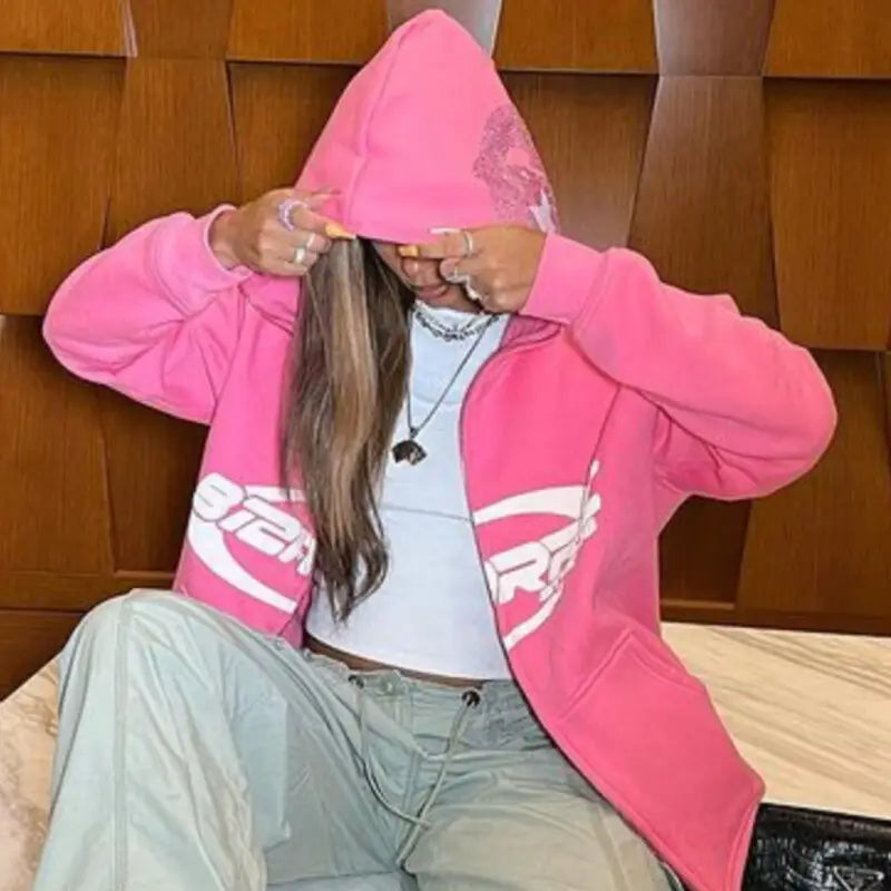 Y2k pink hoodie with zipper and rhinestones