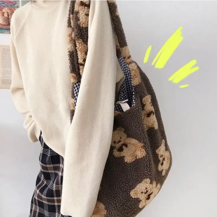 Tote bag with teddy bear lining and phone pocket