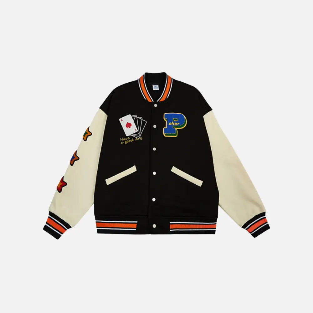 Lucky poker jacket for trendy y2k streetwear style - black / xs - varsity jackets