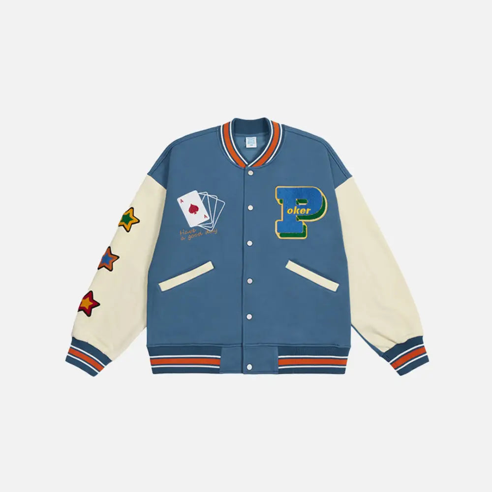 Lucky poker jacket for trendy y2k streetwear style - blue / xs - varsity jackets
