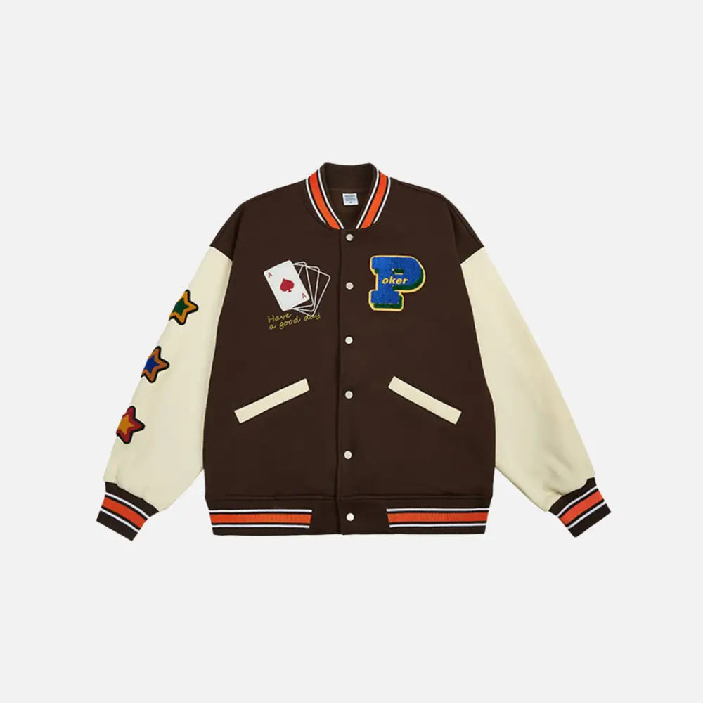 Lucky poker jacket for trendy y2k streetwear style - coffee / xs - varsity jackets