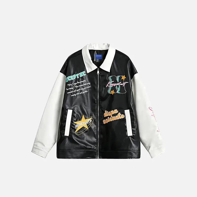 Y2k leather motorcycle varsity jacket with lapel collar - black / m - jackets