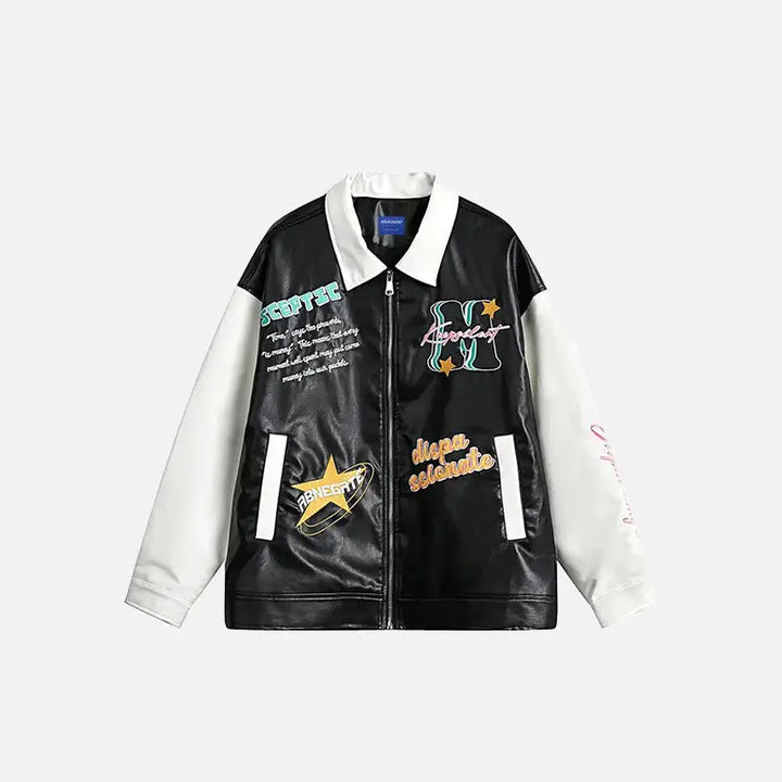 Y2k leather motorcycle varsity jacket with lapel collar - black / m - jackets