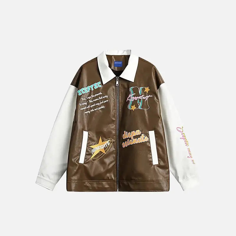 Y2k leather motorcycle varsity jacket with lapel collar - camel / m - jackets