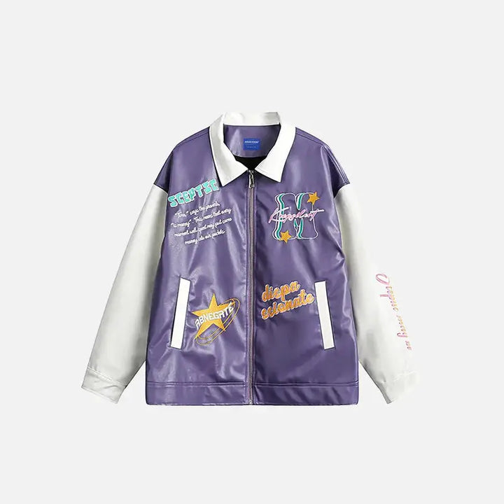 Y2k leather motorcycle varsity jacket with lapel collar - purple / m - jackets