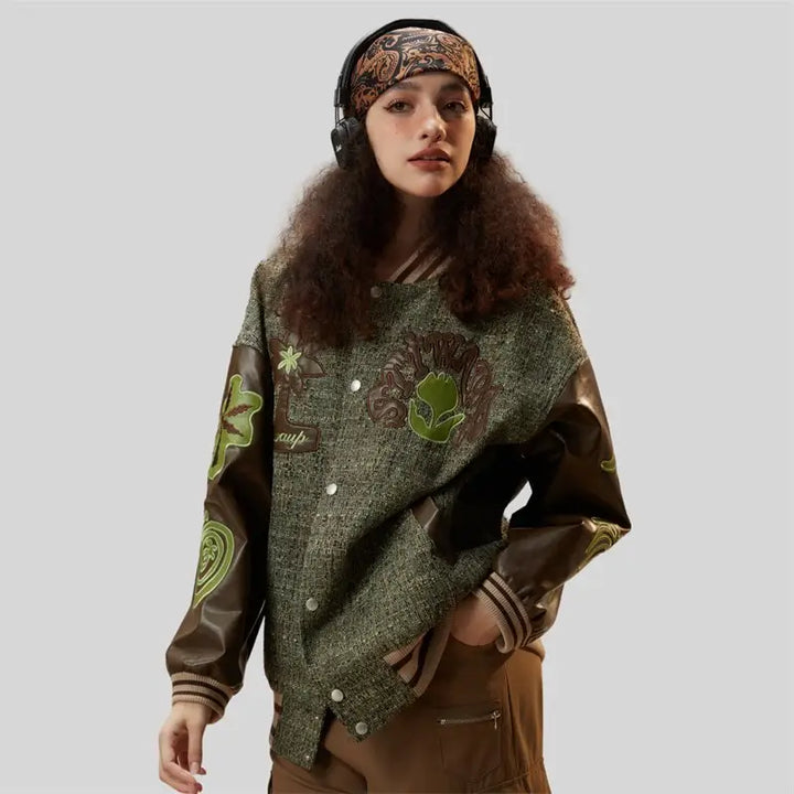 Y2k patchwork oversized varsity jacket for a sophisticated look