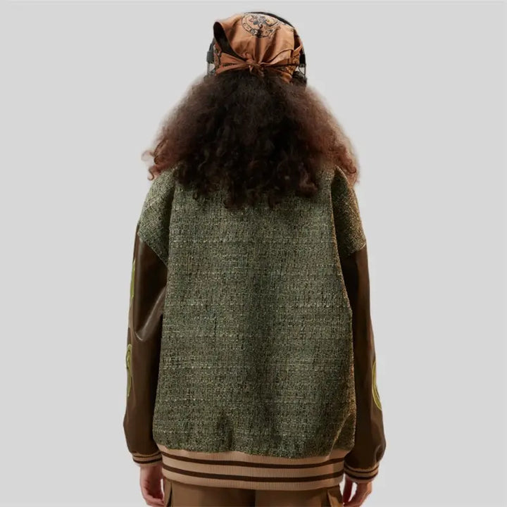 Y2k patchwork oversized varsity jacket for a sophisticated look