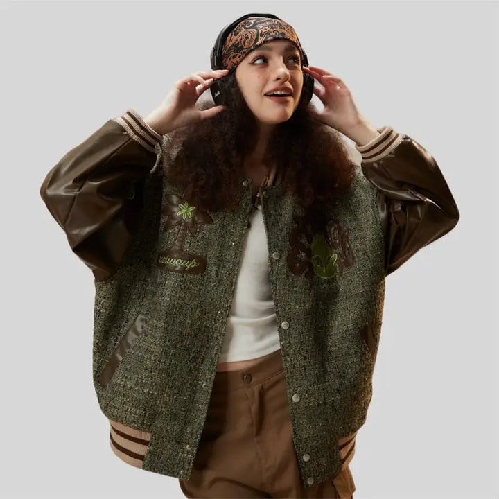 Y2k patchwork oversized varsity jacket for a sophisticated look