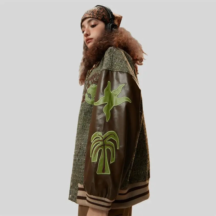 Y2k patchwork oversized varsity jacket for a sophisticated look - coffee / m