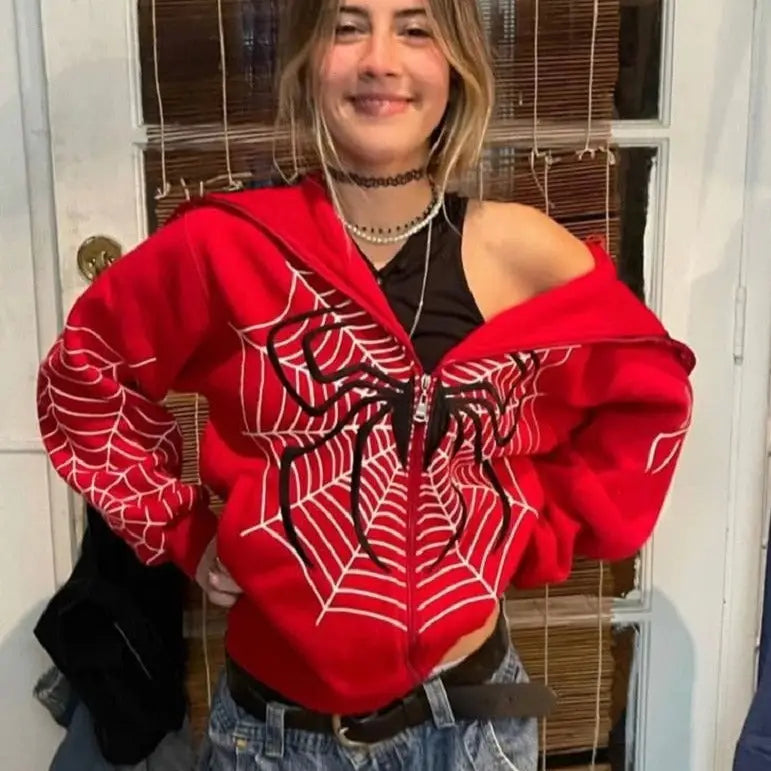 Spiderman inspired y2k spider web sweater - red / s