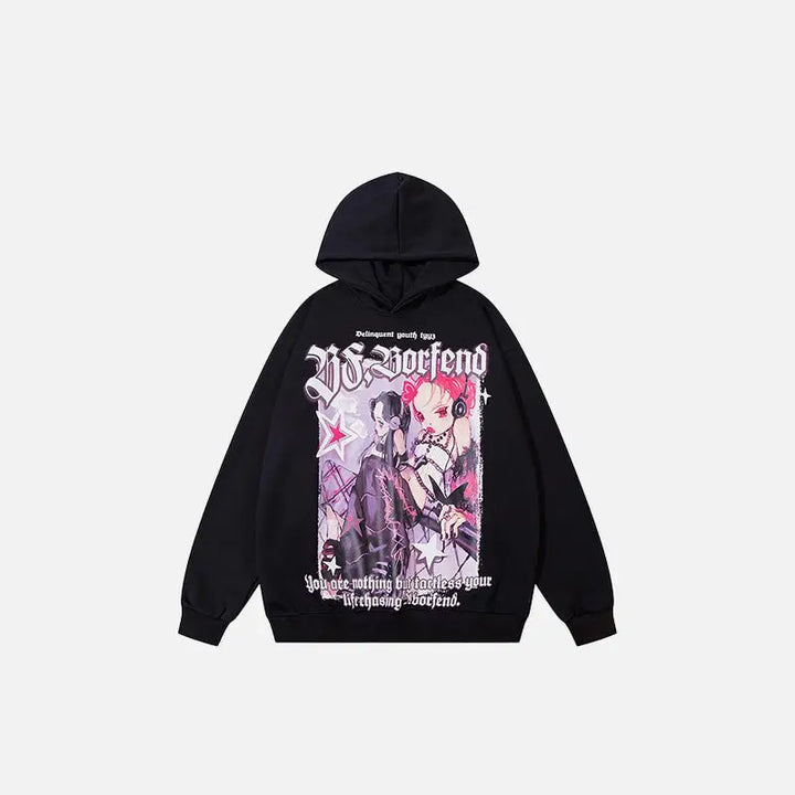 Punk gothic anime print hoodie for comfortable y2k style - black / s - hoodies
