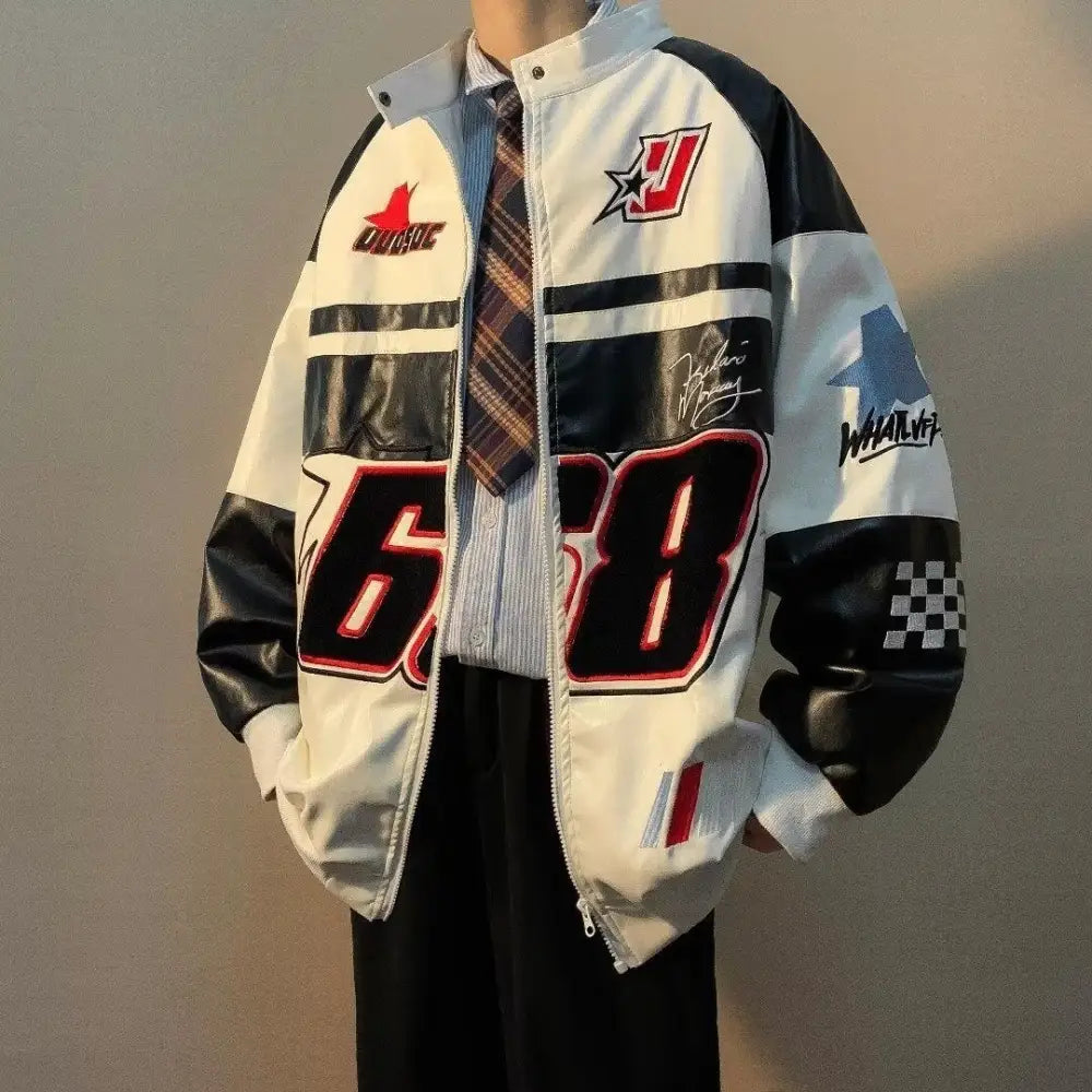 Oversized y2k racing jacket for all weather - white / s