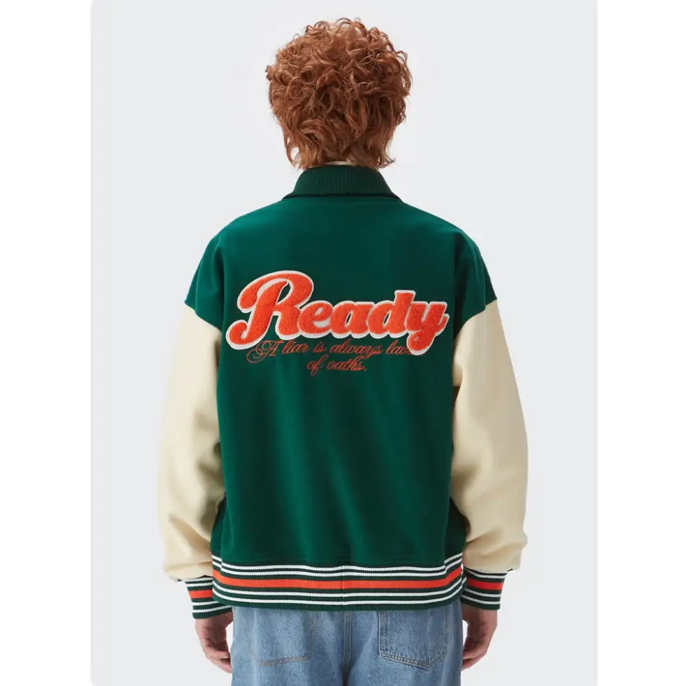 Ready y2k embroidered green varsity jacket for vintage streetwear - varsity jackets