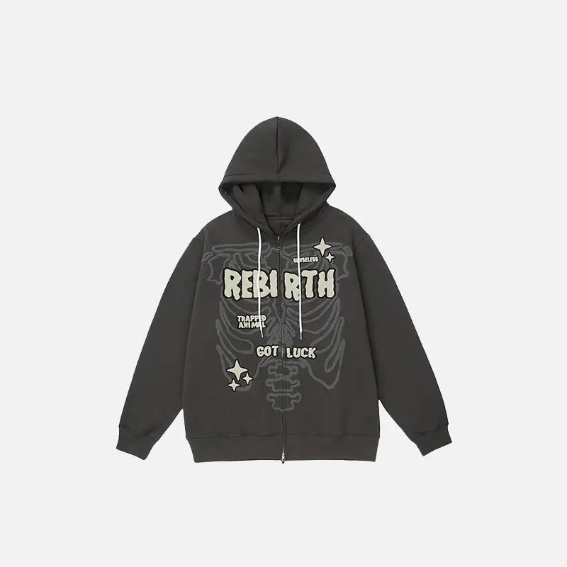 Rebirth skeleton zip hoodie for y2k streetwear collection - darkgrey / s - hoodies