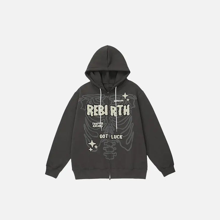 Rebirth skeleton zip hoodie for y2k streetwear collection - darkgrey / s - hoodies