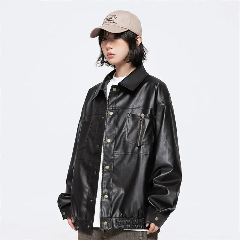 Retro black waterproof leather jacket for y2k style