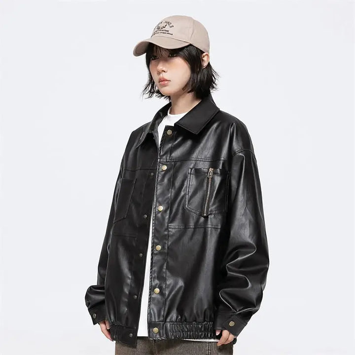 Retro black waterproof leather jacket for y2k style