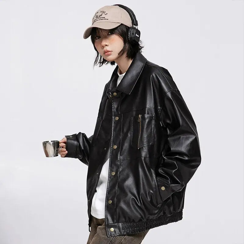 Retro black waterproof leather jacket for y2k style