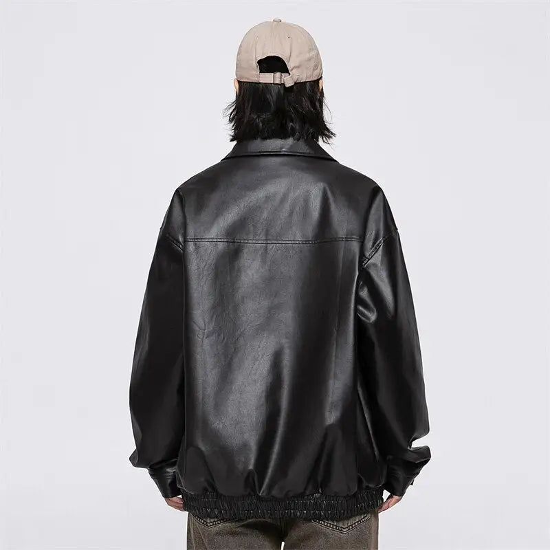 Retro black waterproof leather jacket for y2k style