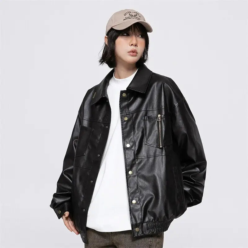 Retro black waterproof leather jacket for y2k style - m