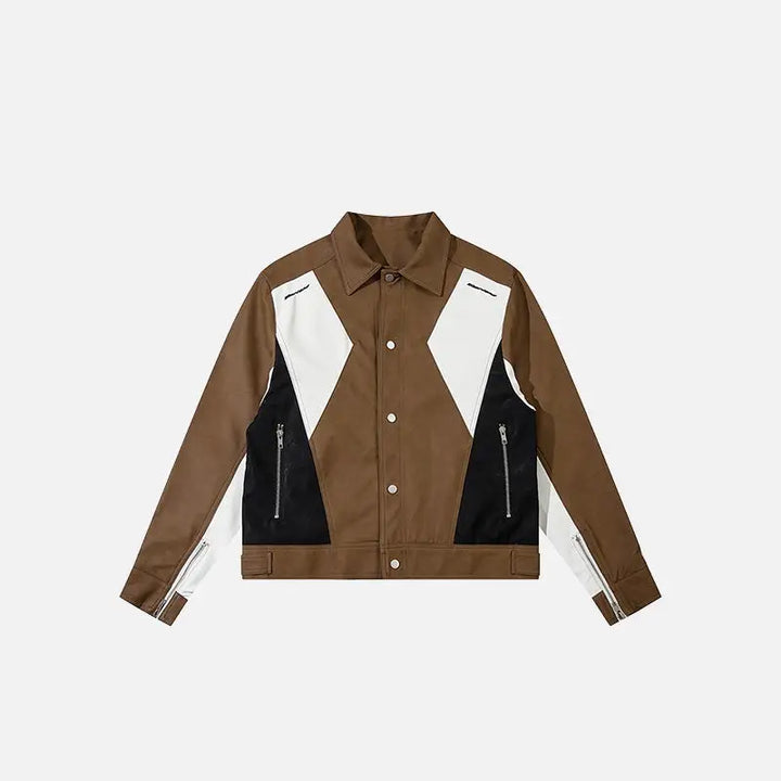 Y2k retro color block pu leather jacket for all seasons - auburn / s - jackets