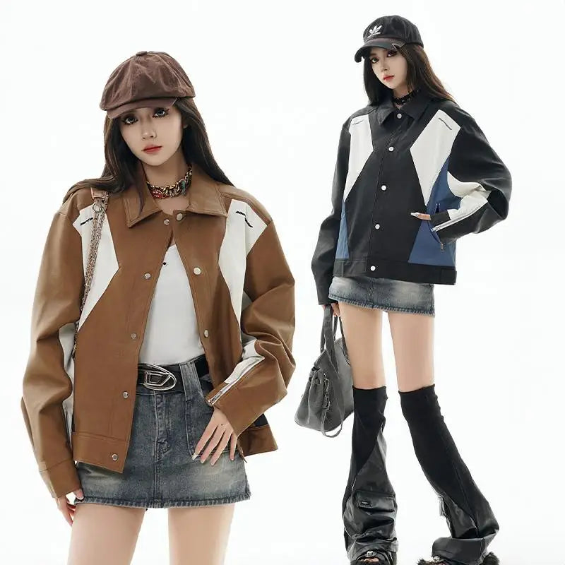 Y2k retro color block pu leather jacket for all seasons - jackets