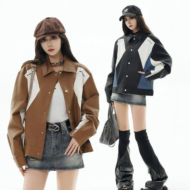 Y2k retro color block pu leather jacket for all seasons - jackets