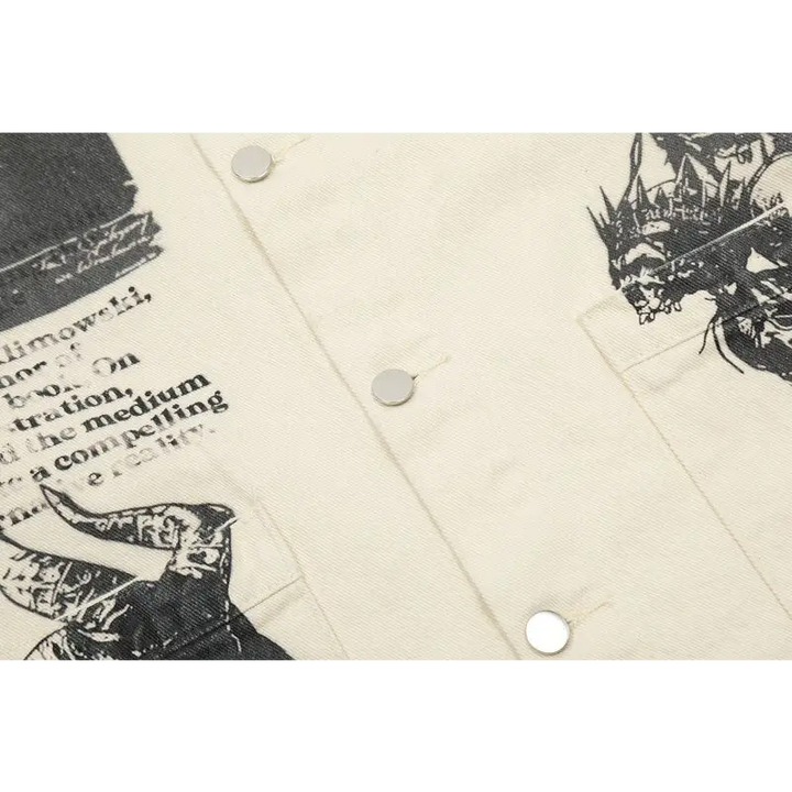 Y2k retro devil graphic jacket with stand collar and button closure