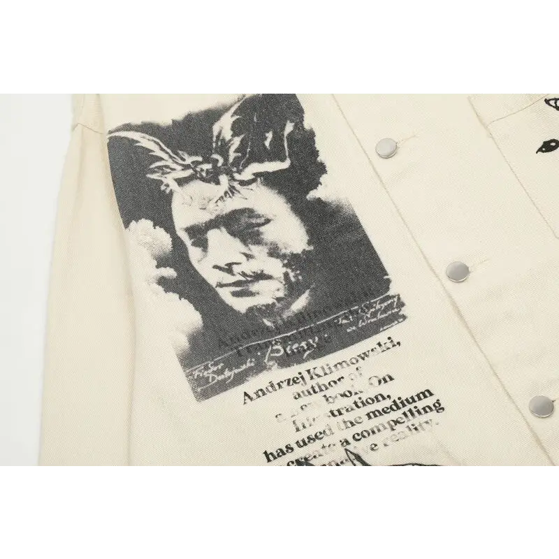 Y2k retro devil graphic jacket with stand collar and button closure