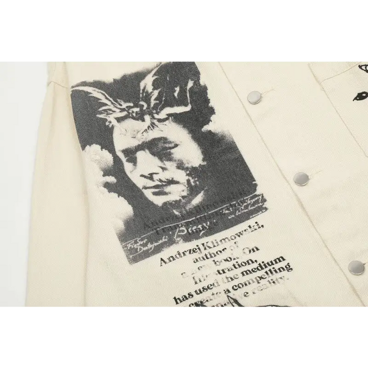 Y2k retro devil graphic jacket with stand collar and button closure