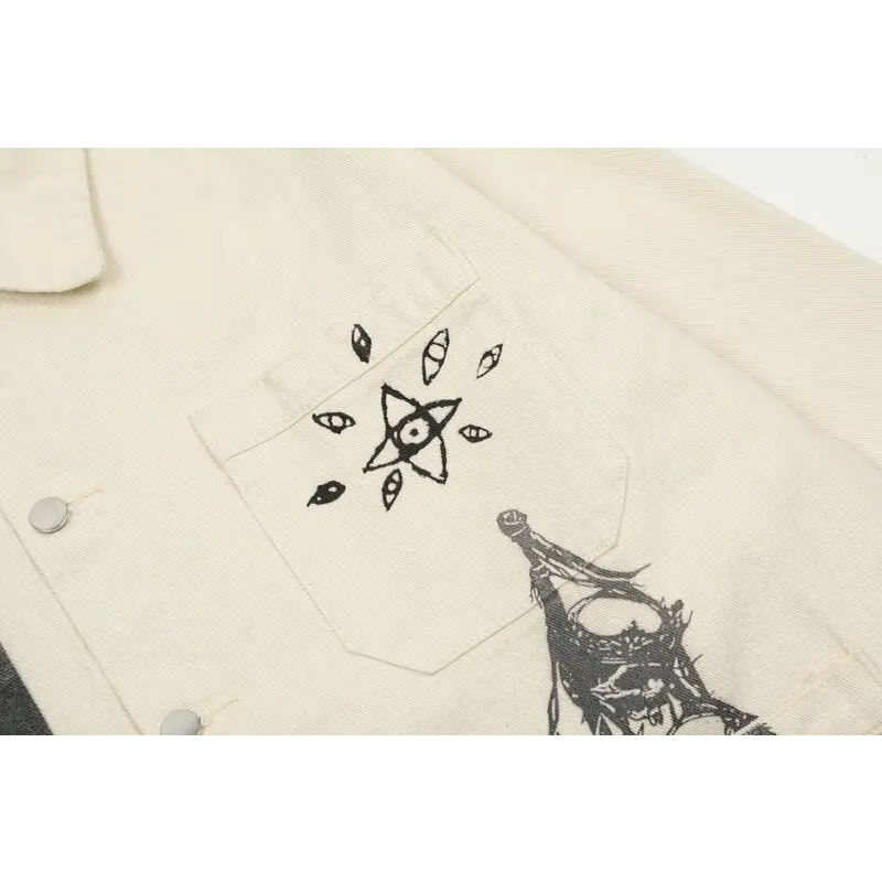 Y2k retro devil graphic jacket with stand collar and button closure