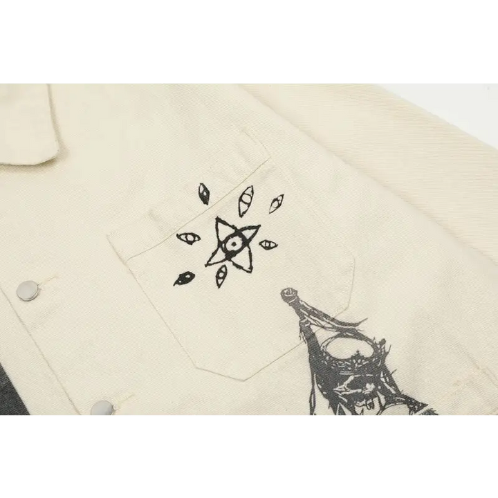 Y2k retro devil graphic jacket with stand collar and button closure