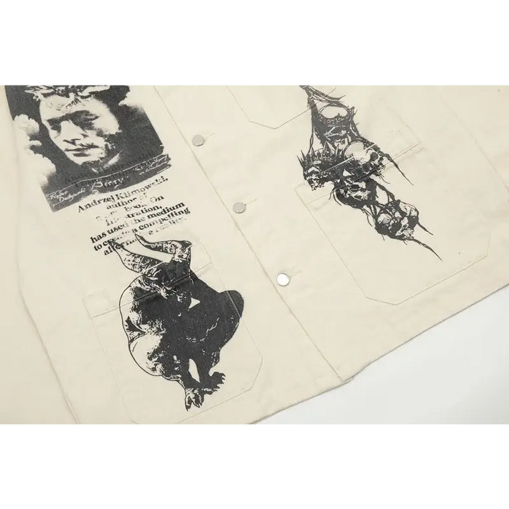 Y2k retro devil graphic jacket with stand collar and button closure