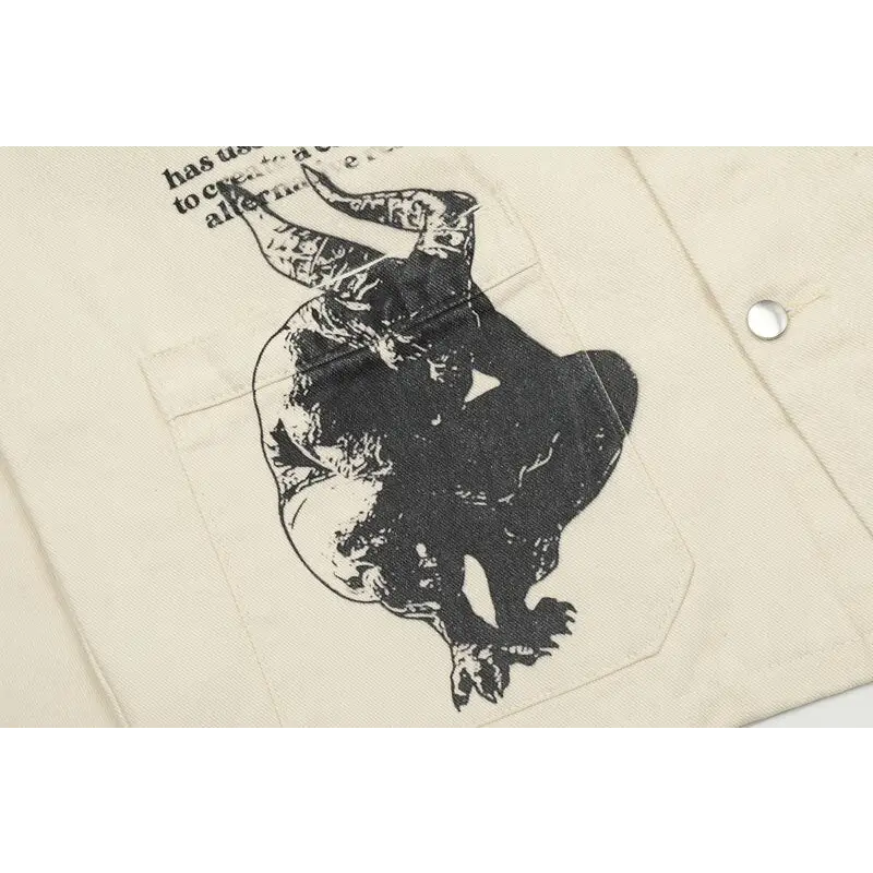 Y2k retro devil graphic jacket with stand collar and button closure